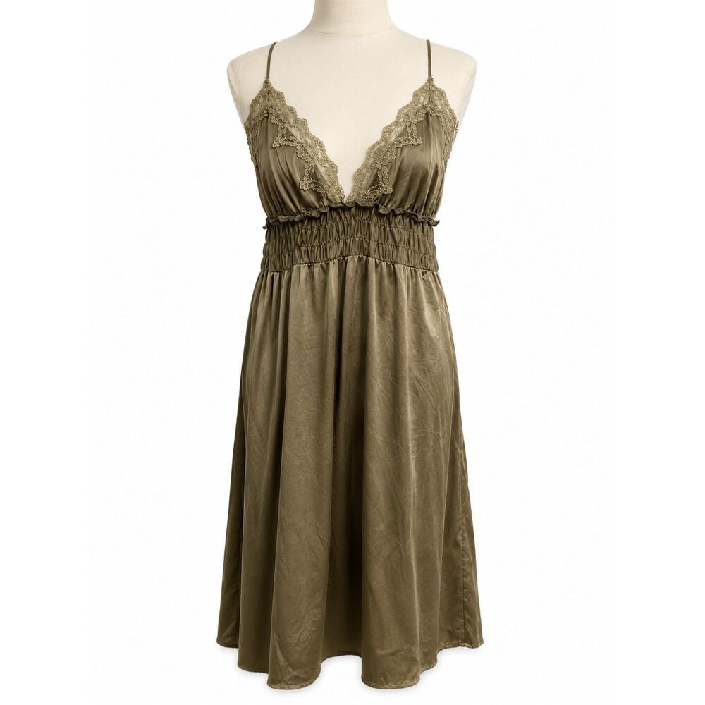 Wyeth by Todd Magill Babydoll Satin Slip Dress Olive Green Lace Trim Size L
